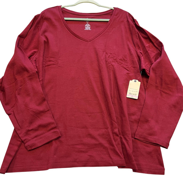 NWT St. John's Bay Maroon V-Neck Basic Long Sleeve Top Size 3XL