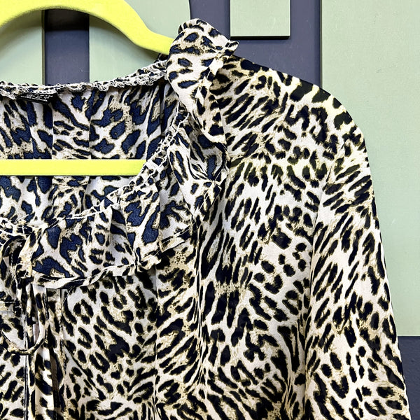 Women's Leopard Sheer Lightweight Button Blouse Size XS