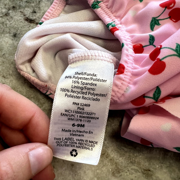 Baby Girls One Piece Pink Swimsuit Cherry Ruffle Size 6-9 Mo