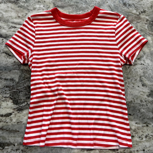 Old Navy Red + White Striped Snug Basic Tee Size Medium