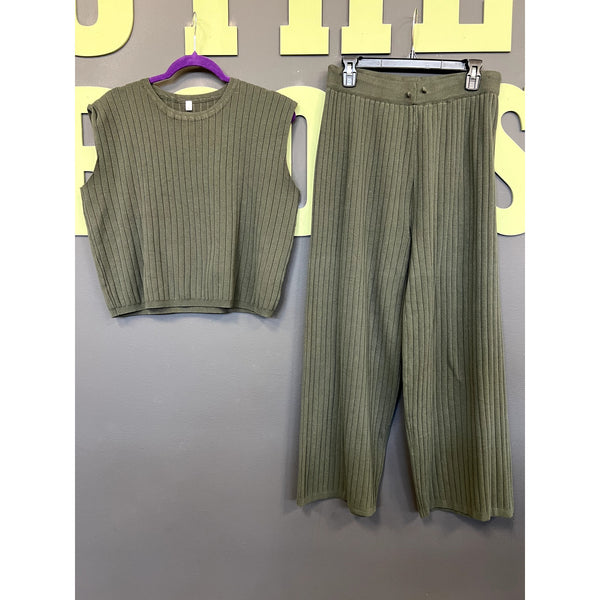 Women's Dark Green Ribbed Two Piece Sweater Set Size XL