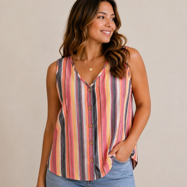 Women's Striped Linen Button Down Tank Top Size Medium