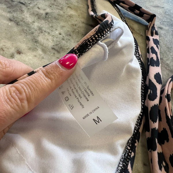 Women's Leopard Deep Plunge Neck Open Back Strappy One Piece Swimsuit Medium