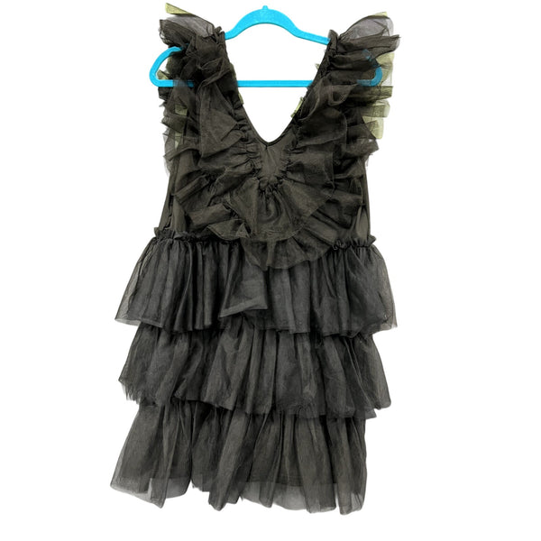 The Zigzag Stripe Black Tulle Tiered Ruffle Dress Medium