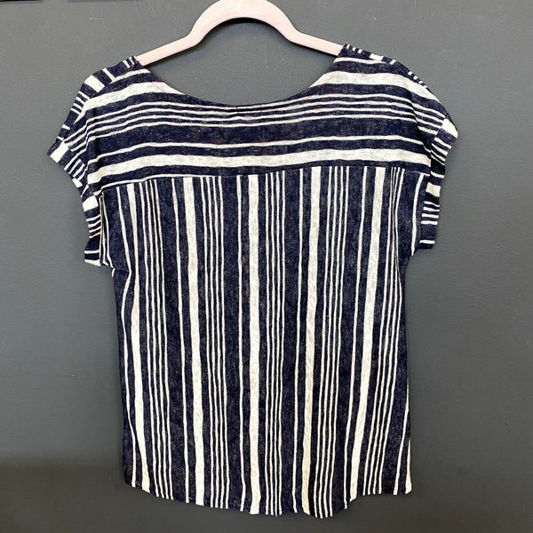 W5 Navy Blue + White Striped Twist Front Blouse Medium