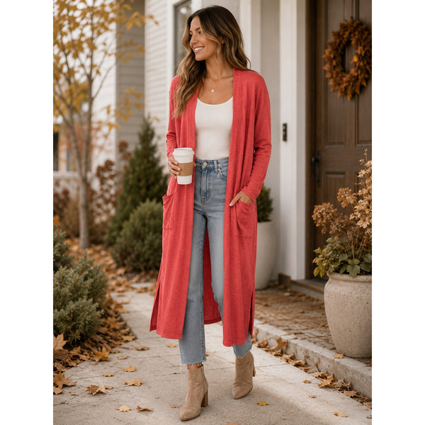 Rust Red/Orange Long Sleeve Full Length Cardigan Size Large