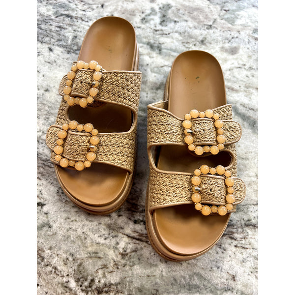 BCBGeneration Bexxi Raffia Slide Sandals with Beaded Buckles Size 8