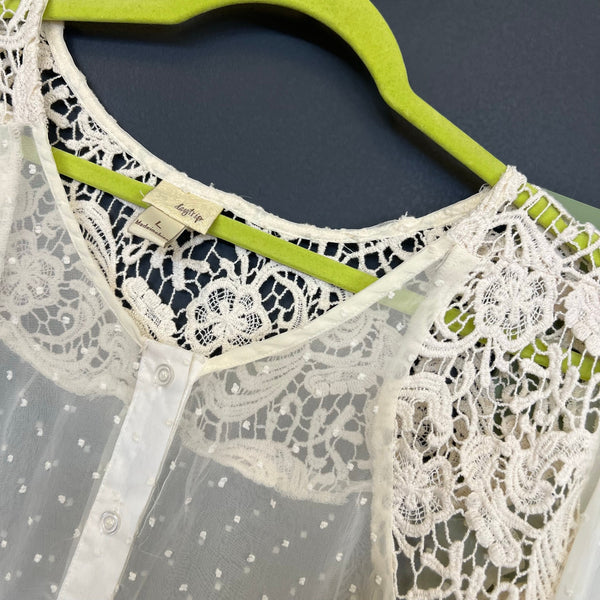 BKE Daytrip Lace Sheer Swiss Dot Button Down Blouse Large