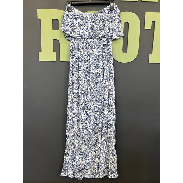 Women's Blue + White Paisley Strapless Maxi Dress Small