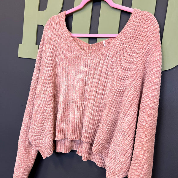 Women's Light Pink Chenille V-Neck Sweater Size Large