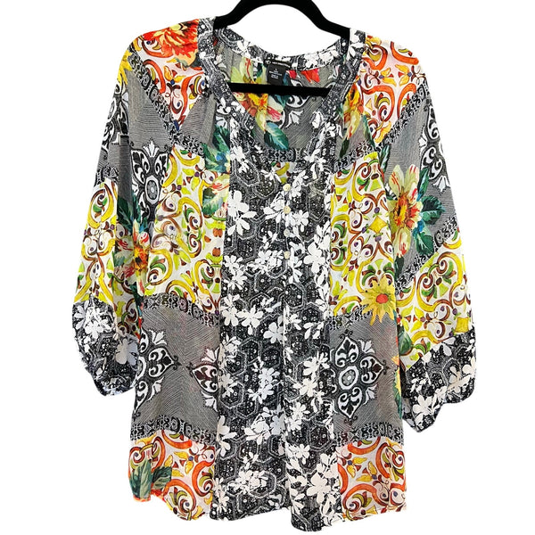 New Directions Mixed Print V-Neck Sheer Blouse Large