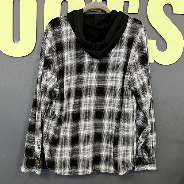 No Boundaries Men's Black + White Oversized Fit Hooded Flannel Medium