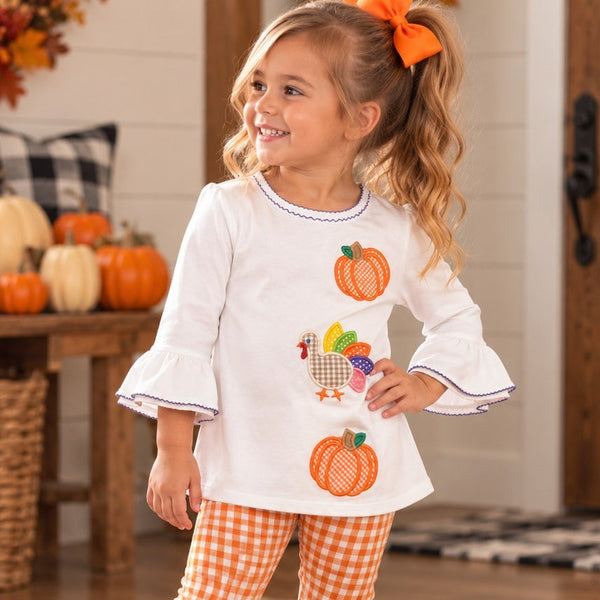 Whimsy Thanksgiving Pumpkin Embroidered Top Girls Size 5