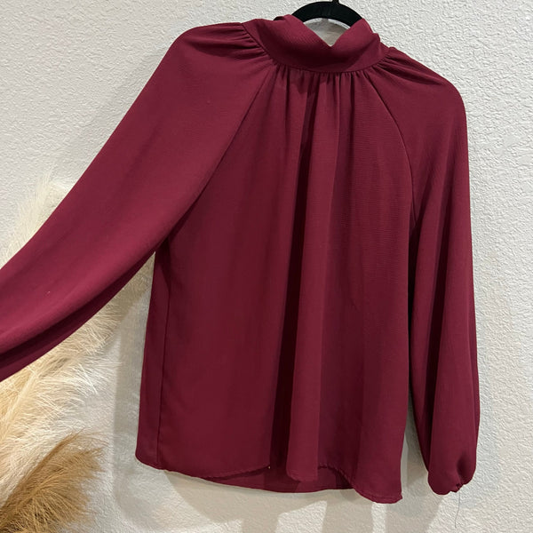 Maroon Chiffon Mock Neck Bubble Sleeve Blouse Medium