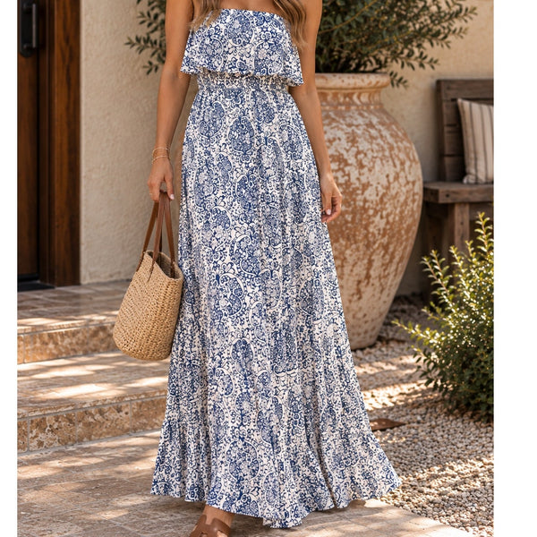Women's Blue + White Paisley Strapless Maxi Dress Small