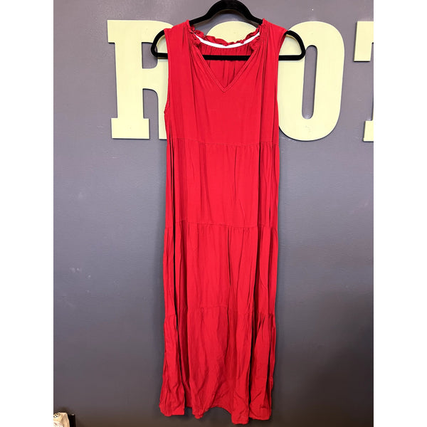 Women's Red V-Neck Sleeveless Tiered Maxi Dress Size Large