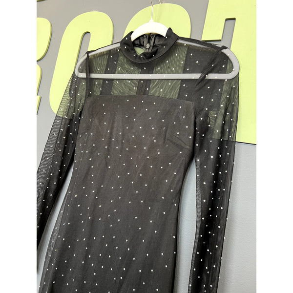Women’s Black Rhinestone Sheer Mesh Bodycon Mini Dress Size 1/2