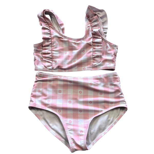 Girls Pink Plaid High Waisted Bikini Size 10