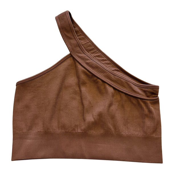 Women's Brown Ribbed One Shoulder Brami Top Medium