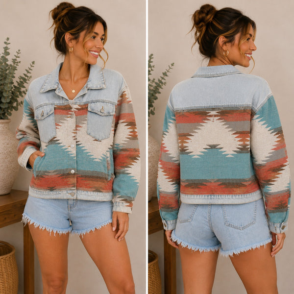 Women's Aztec + Denim Button Down Coat Size S