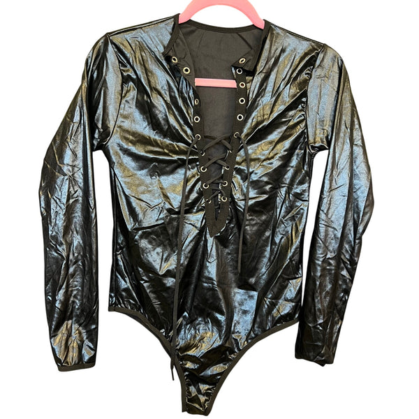 Black Faux Leather Lace Up Wet Look Long Sleeve Bodysuit Small
