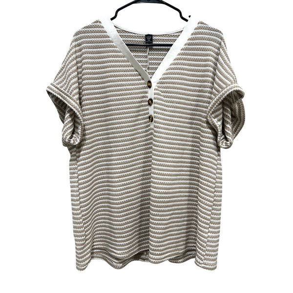 Women's Waffle Knit Quarter Button Tan + White Striped Blouse Size 1XL