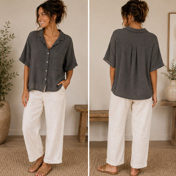 Stars Above Women's Charcoal Gauze Button Down Top Size Large