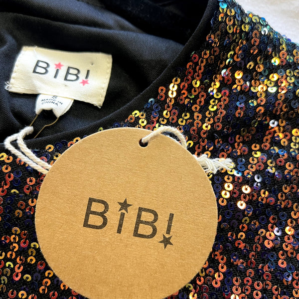 NWT BiBi Black Sequin Ruffle Short Sleeve Dress Small