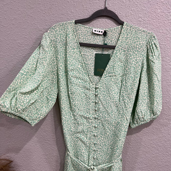 NWT Rixo Staci Green Floral Button Front Midi Dress Medium