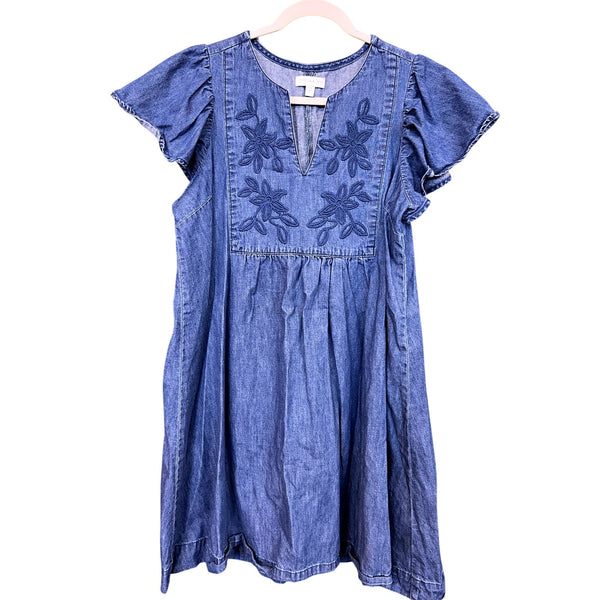 Crown & Ivy Denim Embroidered Mini Dress Size Petite Medium