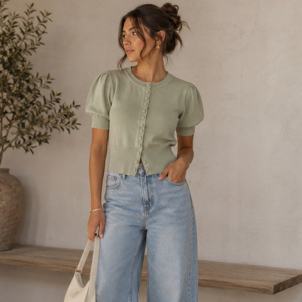 Marled Light Sage Puff Sleeve Button Down Blouse XS