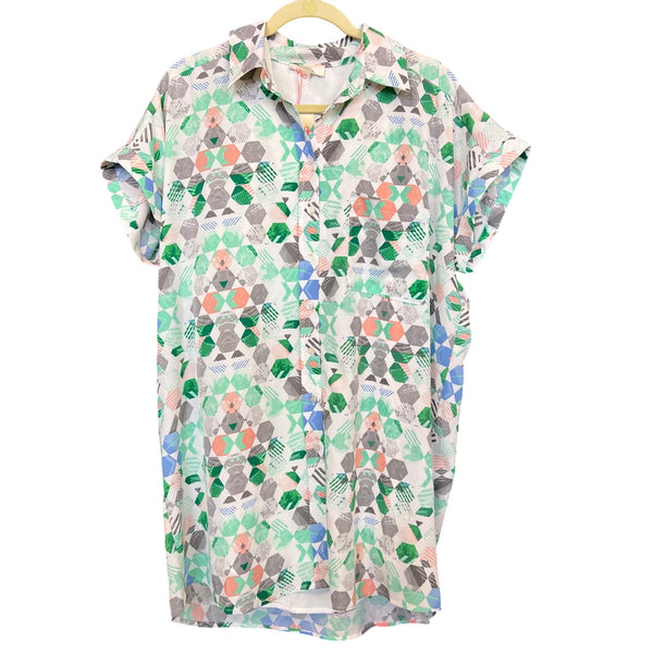 NWT Entro Rizzo Pastel Geometric Pattern Boxy Button Down Dress Small
