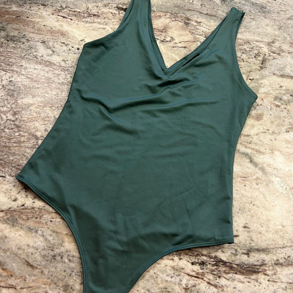 NWT The Workshop Sage Green Plunge Neckline Thong Bodysuit Size Medium