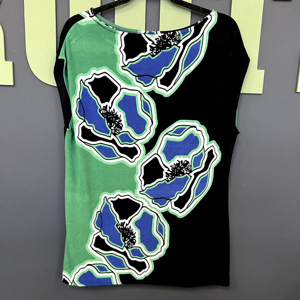 Chico's Travelers Collection Blue + Green Floral Blouse Size 12/14