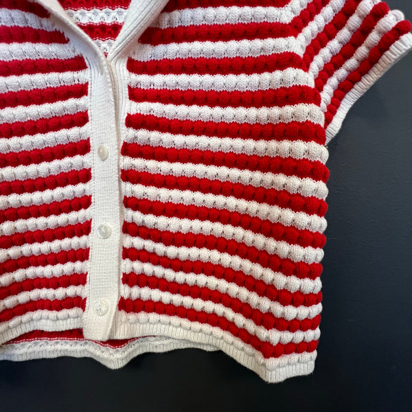 Old Navy Women's Red + White Button Down Knit Short Sleeve Sweater Large