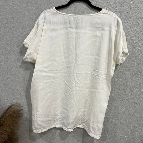 Multiples White Linen Blend Stitched V-Neck Blouse Large