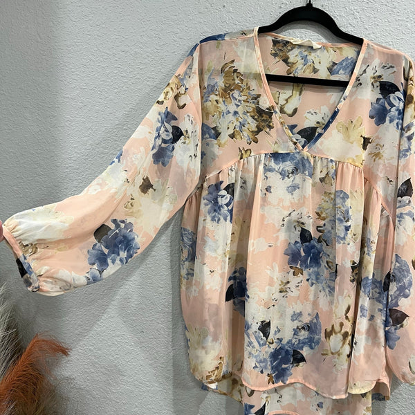 Peach Love Blush Pink Floral Bubble Sleeve Babydoll Blouse Medium