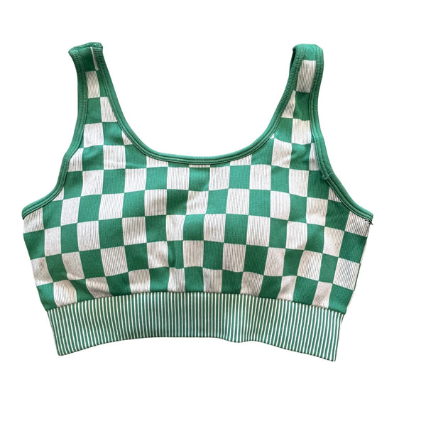 NWT Green + White Checkered Sports Bra Size Medium