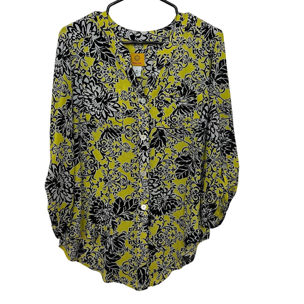 Ruby Rd. Yellow + Black Sheer Button Down Blouse Medium