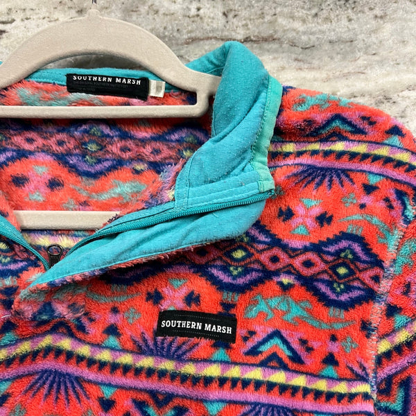 Southern Marsh Dorado Fleece Pullover Coral/Teal Aztec Size Youth Large