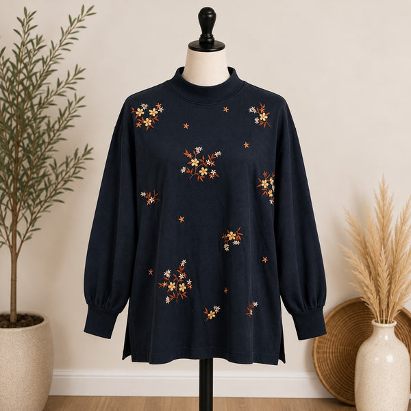 Vintage 90s BonWorth Black Floral Embroidered Mock Neck Pullover Med Petite