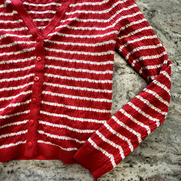 Old Navy So Soft Lite Red + White Striped Knit Cardigan Medium
