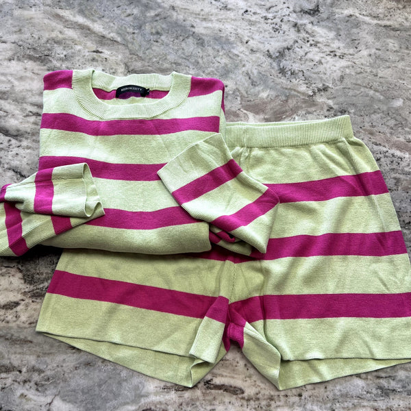 Women's Green + Pink Striped Thick Knit Two Piece Set Size Large