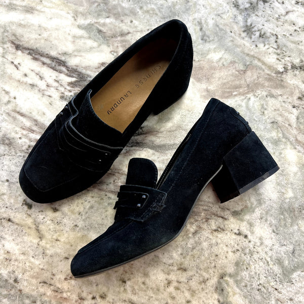 Chinese Laundry Marilyn Black Suede Loafers Block Heel Size 6.5