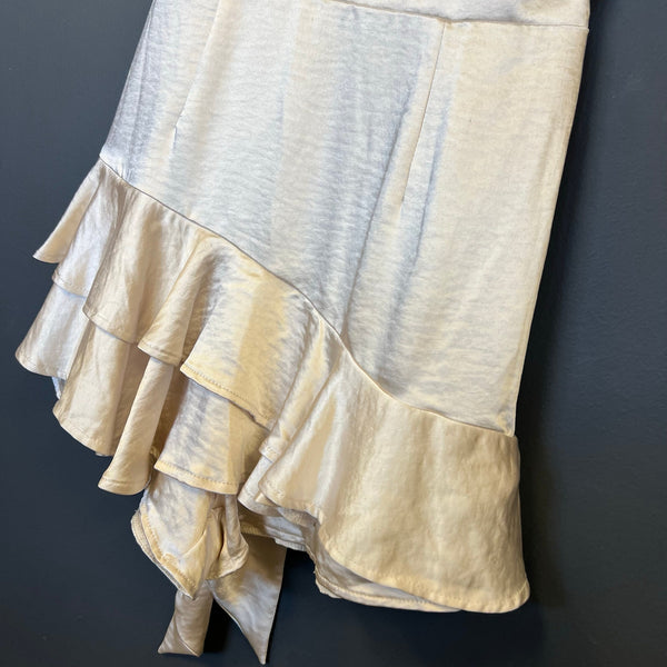 Angel Biba Satin Champagne Ruffle Mini Dress Large