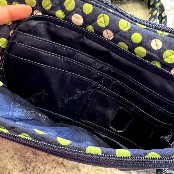 Vera Bradley Little Hipster Crossbody Bag Lucky Dots Navy + Green w Card Holder
