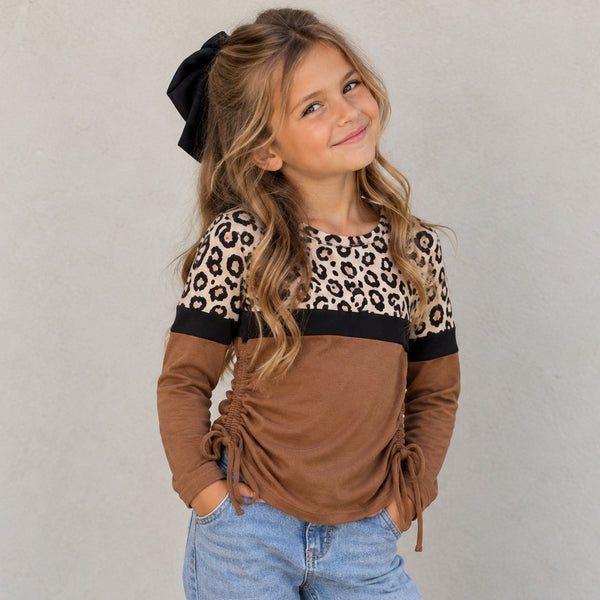 Moa Moa Girls Leopard Ruched Side Long Sleeve Top Size Youth Medium