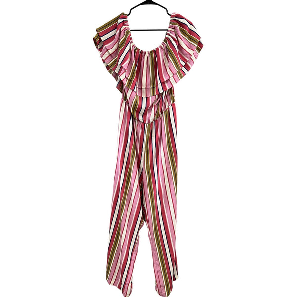 Oddy Women's Plus Size Striped Ruffle Jumpsuit Size 1XL