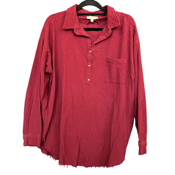 Umgee Half Button Maroon Raw Edge Blouse XL