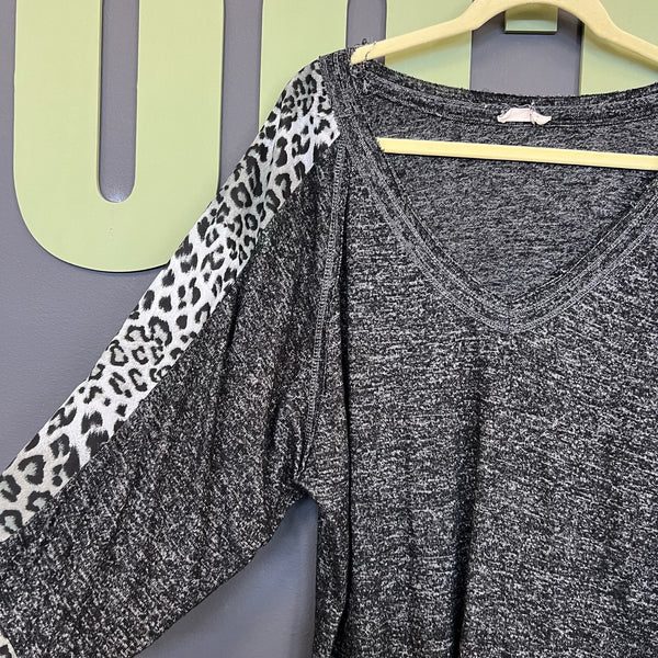 Women's Boutique Charcoal + Leopard V-Neck Blouse